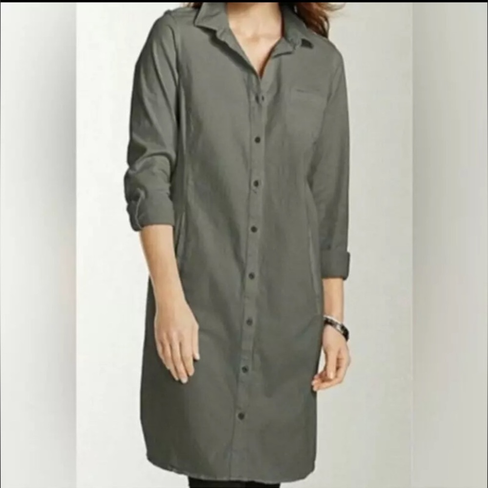 J. Jill Love Chino Olive Green Roll Tab Sleeve Mini Utility Shirt Dress SZ 8P